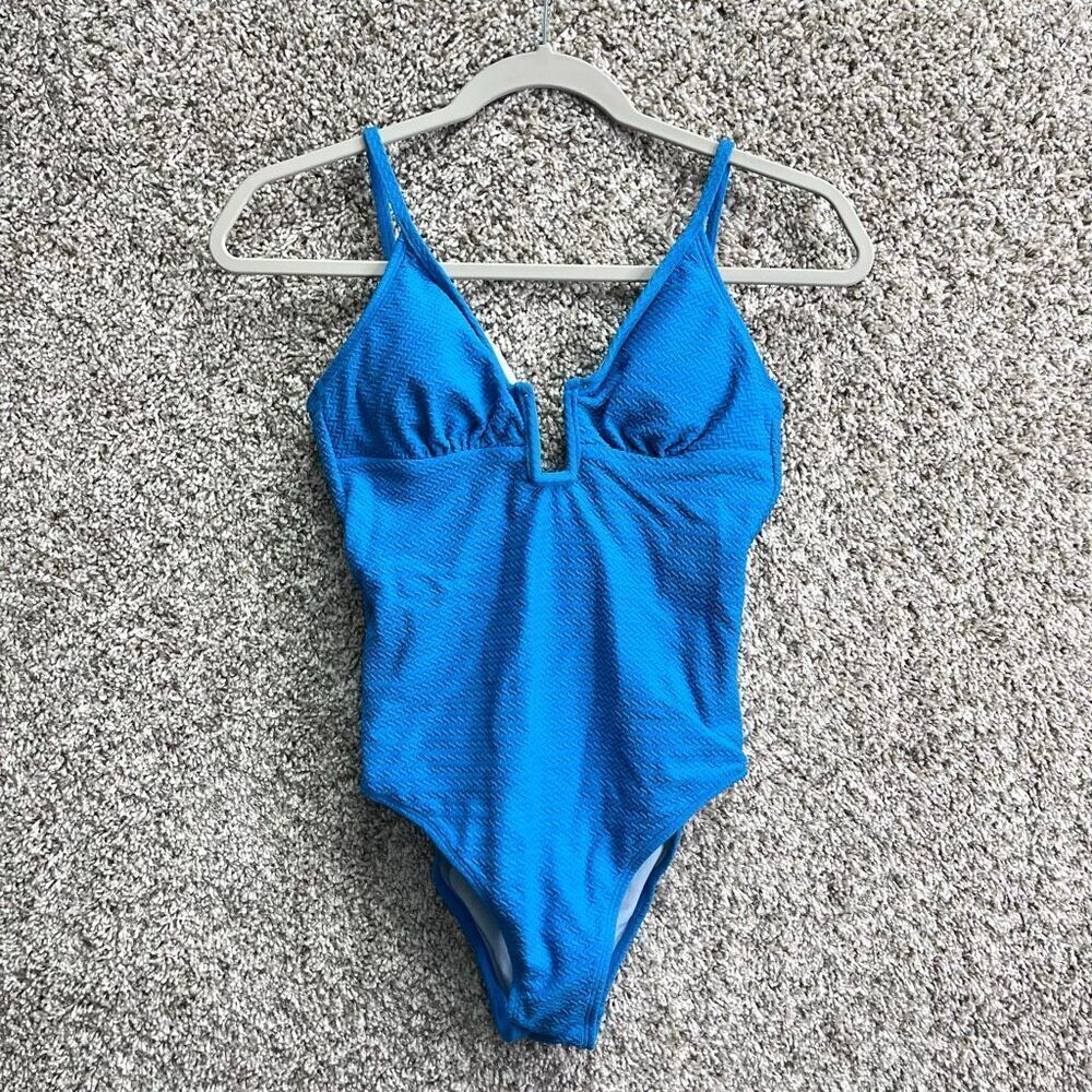 Cupshe Swimsuit Women’s Small Blue Wave Textured U-Wire Tie Back One Piece‎ NWT